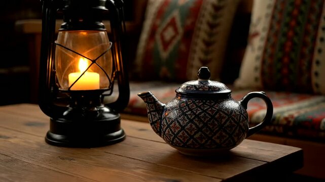 Creating a serene and inviting atmosphere, this cozy home decor features a decorative teapot and an old lantern radiating an amber candlelight glow.