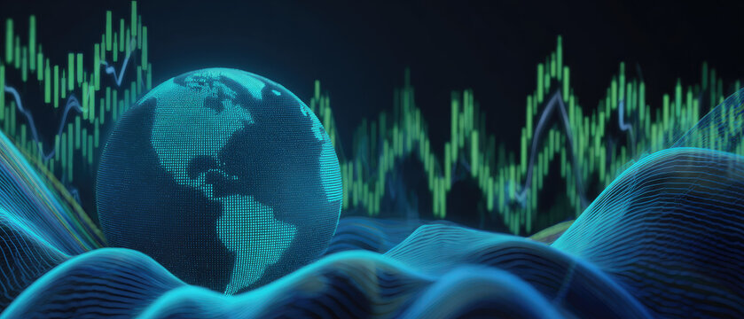 Digital globe with data waves and graph lines represents carbon credit trading in futuristic financial market with environmental focus and global connectivity