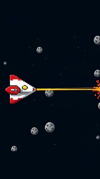 Retro pixel art animation showing a spaceship firing laser beams at a grey asteroid in a starry background, illustrating classic arcade gaming concepts.