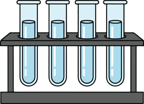 Scientific test tubes in a flat-view rack, bold cartoon-style vector illustration