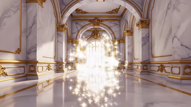 Ornate palace hallway with marble, gold accents, arches, and chandeliers