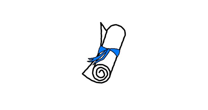 Hand drawn animated diploma scroll with a blue ribbon and yellow rays. Graduation, success, certificate and education concept doodle sketch. 4K loop, white background.