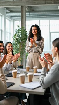 Diverse business team applauding with a happy woman leader in a bright modern office, celebrating corporate success and teamwork achievement.
