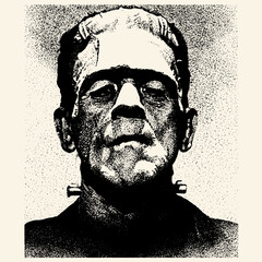 Iconic vintage portrait of Frankenstein's monster with bolts on his neck, rendered in a classic distressed black and white stippling style. © bbilfunk