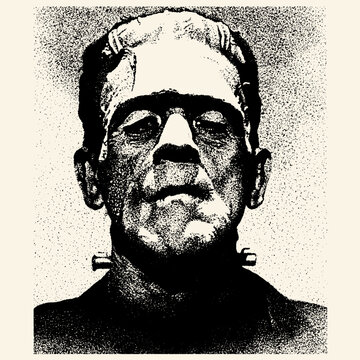 Iconic vintage portrait of Frankenstein's monster with bolts on his neck, rendered in a classic distressed black and white stippling style.