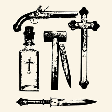 Vintage collection of vampire hunting tools including a pistol, crucifix, holy water bottle, wooden stake, and dagger in a classic distressed style.