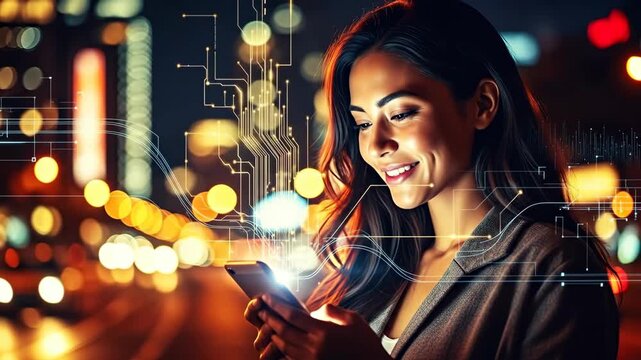 engaging professional woman using a smartphone at night city lights