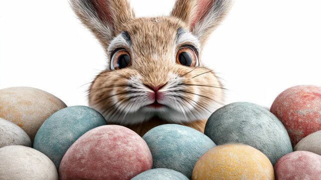 Rabbit peeking over colorful Easter eggs with a curious expression, showcasing a playful scene filled with pastel hues and vibrant decorations in a bright setting