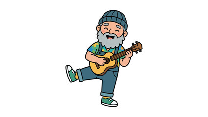 Fototapeta premium Joyful cartoon man with beard and beanie playing ukulele, standing playfully on one leg, vector illustration.