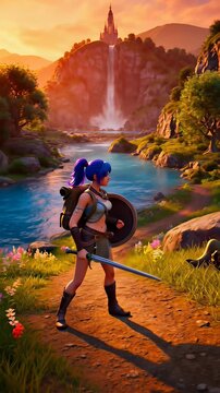 Adventurous female warrior running through a fantasy landscape and slashing a mushroom foe with a sword during a golden sunset, showcased in a cinematic 3D video game animation.