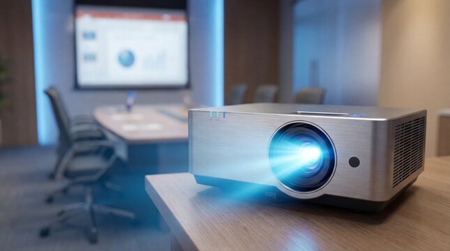 Modern silver projector shines brightly in a professional conference room setup with sleek furniture and technology for presentations and meetings.