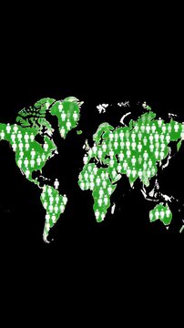 Green world map filling with human figures representing rapid population growth and demographic density in a digital motion graphic animation.