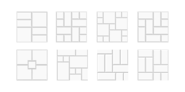 Set of different tile patterns with squares and rectangles. White ceramic wall textures. Kitchen backsplash or bathroom floor backgrounds. Interior or exterior mosaic decorations. Vector illustration.