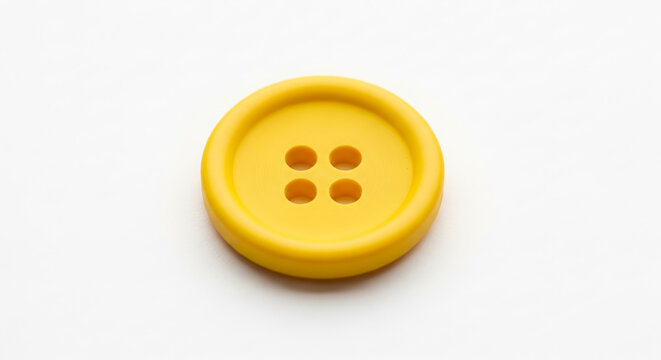 Top view of a single yellow button with four holes on a white surface, clean and isolated