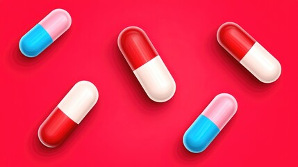 Colorful Capsules on Vibrant Red Background: Pharmaceutical and Health Concept