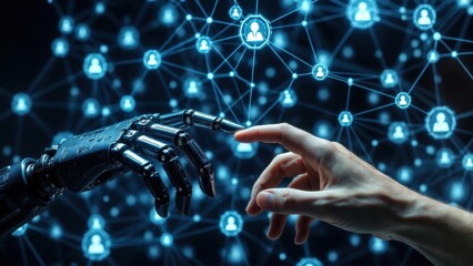 Fototapeta premium Futuristic connection between human hand and robotic hand in digital network.