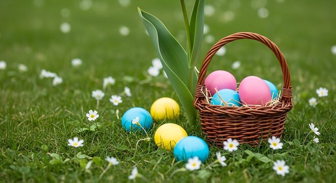 Easter basket with colorful eggs on green grass with white flowers