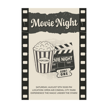 Retro movie night poster with popcorn bucket and clapperboard in vintage grunge style
