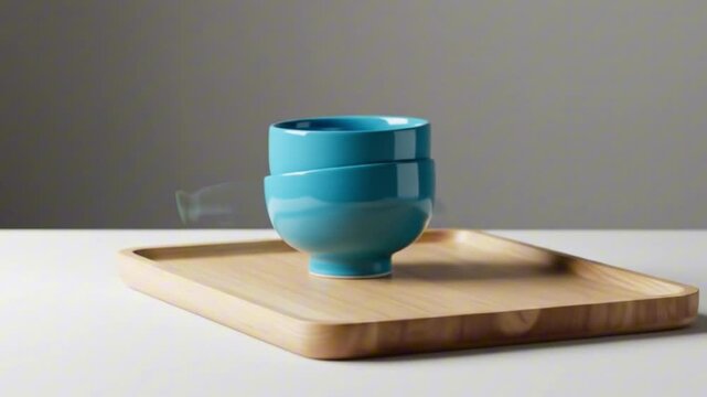 Two teal bowls stacked on a light wood tray Gray wall and white table