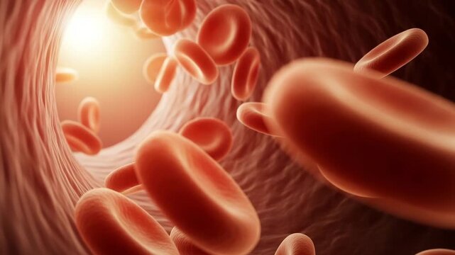 Detailed three dimensional medical illustration visualizing numerous microscopic red blood cells flowing rapidly through a narrow, illuminated biological capillary vessel structure.