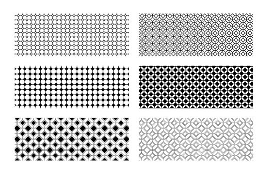 Set of floor or wall tile backgrounds with hexagon and square shapes. Asian ceramic mosaic textures. Cafe or restaurant interior ornaments. Simple geometric prints. Vector graphic illustration.