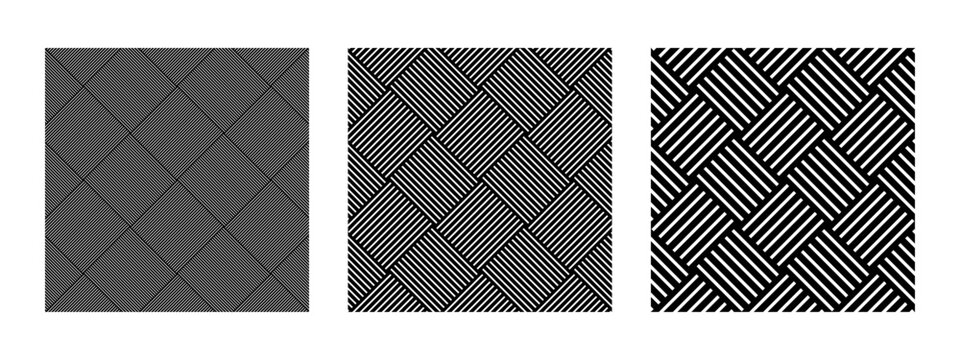 Black and white wicker basket textures in diagonal arrangement. Floor or wall tile with crossed stripes pattern. Abstract geometric prints. Simple textile structures. Vector graphic illustration.