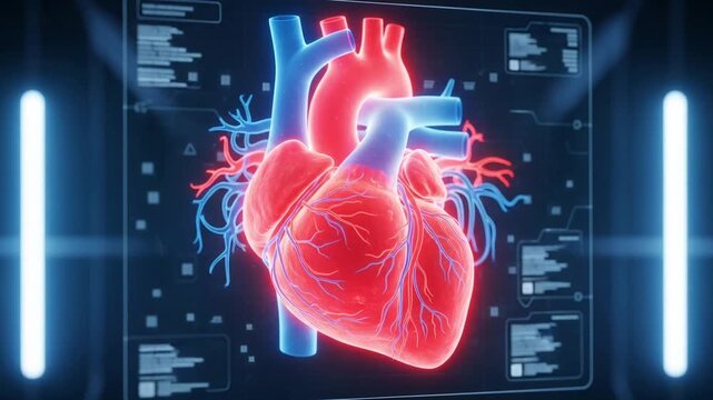 Detailed three-dimensional holographic visualization of a pulsating human heart structure displaying vital circulatory system information on advanced medical diagnostic display technology.