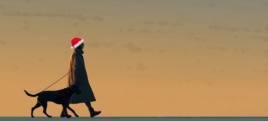 Person in Santa Hat Walks Dog in Warm Sunset Light