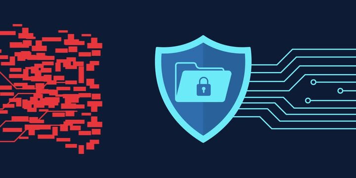 Animated shield icon protecting a data folder from red glitch lines. Green barrier blocks threats while blue lines connect safely. Dark mode neon tech loop with smooth digital motion.