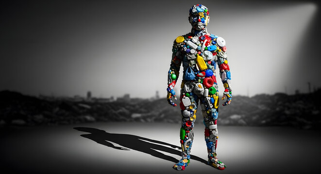 Human silhouette made of plastic waste, overconsumption and environmental impact concept.