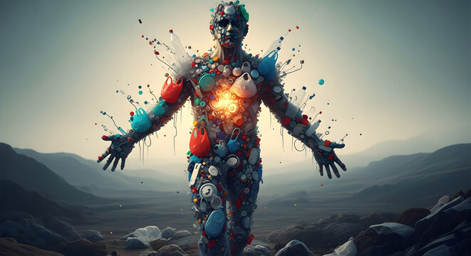 Human silhouette made of plastic waste, overconsumption and environmental impact concept.