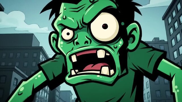 Cartoon Zombie Character Animation in Urban Setting. Animated Green Zombie Menacing Pose Video. Digital Comic Book Style Zombie Motion Graphics.
