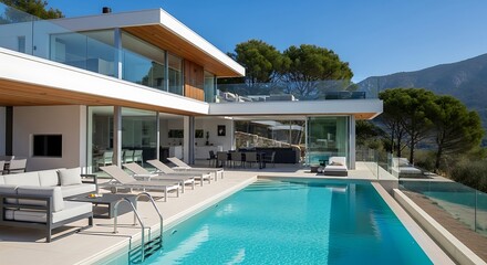 Fototapeta premium Luxurious modern home with pool, sun loungers, and mountain views on a bright day