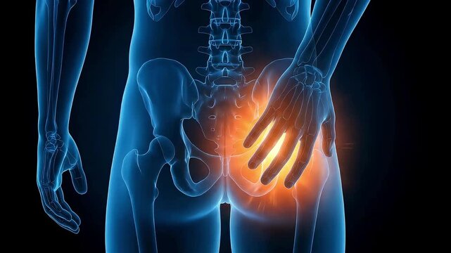 Anatomical model showing symptoms of sciatica and sacroiliac joint disorders, pressing the lower back and buttocks