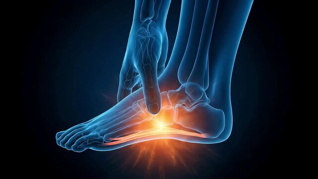 3D medical animation visualizing the intense pain and inflammation of plantar fasciitis