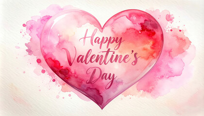 Happy Valentine's Day watercolor heart with pink and red splashes