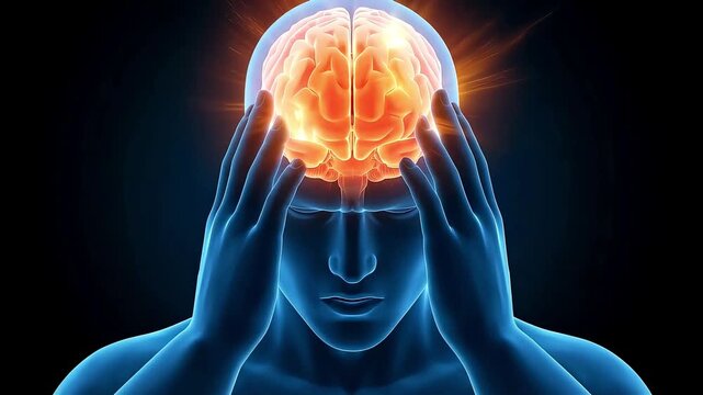 A male anatomical model holding his head and a glowing brain. Symbolizing stress and brain disorders