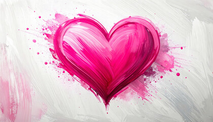 Vibrant pink heart painted with expressive brushstrokes and splatters on a textured background