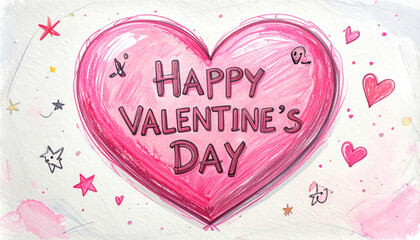 Happy Valentine's Day hand-drawn pink heart with stars and small doodles