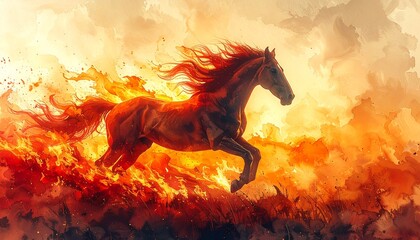 Obraz premium Galloping Horse in Fiery Landscape