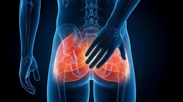 3D medical animation visualizing buttock muscle pain and inflammation