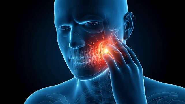 3D medical animation visualizing severe back tooth pain and gum inflammation