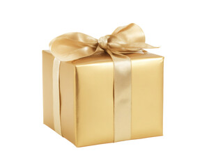 Fototapeta premium Beautifully wrapped gold gift box with a luxurious satin ribbon and bow, perfect for special occasions like birthdays, weddings, or holidays