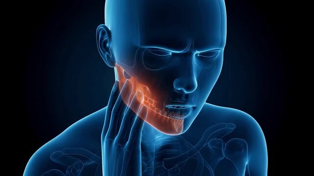 3D medical animation visualizing severe toothache and jaw inflammation