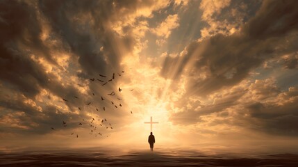 Silhouette of person walking towards cross at sunset with birds flying