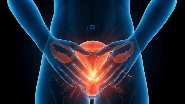 3D medical animation visualizing uterine pain and inflammation in women. Images of menstrual pain and illness.
