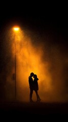 Couple Kissing Under Streetlight in Rain