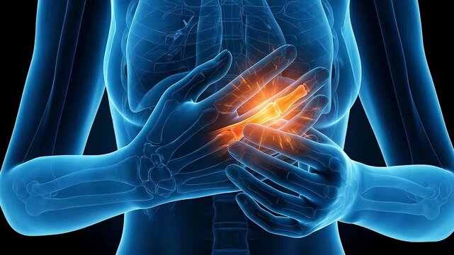 3D medical animation visualizing chest pain and inflammation in a woman. Image of myocardial infarction and chest disease.