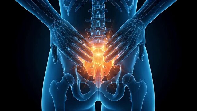 3D medical animation visualizing lower back pain and pelvic inflammation in a woman. Image of a slipped disc.