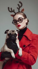 Woman in Red Coat and Reindeer Antlers Holding Pug